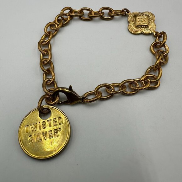 Twisted Silver Brand Bracelet Gold Tone Chain Link Medallion Charm 7.5 Inch - Picture 3 of 8